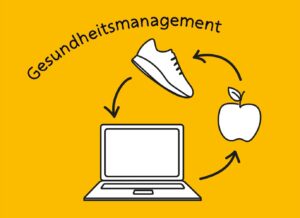 Blog-Vignette Gesundheitsmanagement mit Laptop, Jogging-Schuh und Apfel.